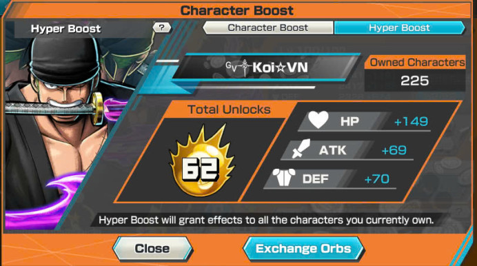 BR372-Hyber 62+Kaido v3 Full Boost 4+Zoro Full Boost 4+6 Ex(Yamato Ace+Luffy+Big Mom)+Vip Medal+SUP 163%+Kaku Max+Uta Max+King Max+Craker Max
