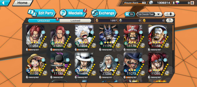 BR370-HyBer Boost 77+10 Ex(Lucci+Shank V4+Roger+Gear 5+Shank v3+Zoro+Luffy+Kaido v3+Kaido v2+Akainu)+Vip Medal+SUP 168%+Many Bounty Festival Max