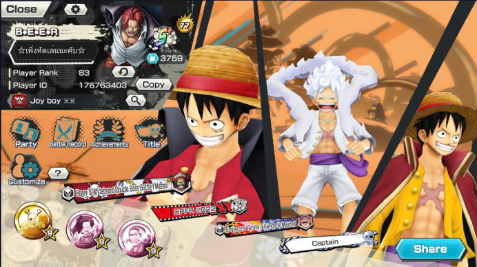 BR370-HyBer Boost 77+10 Ex(Lucci+Shank V4+Roger+Gear 5+Shank v3+Zoro+Luffy+Kaido v3+Kaido v2+Akainu)+Vip Medal+SUP 168%+Many Bounty Festival Max