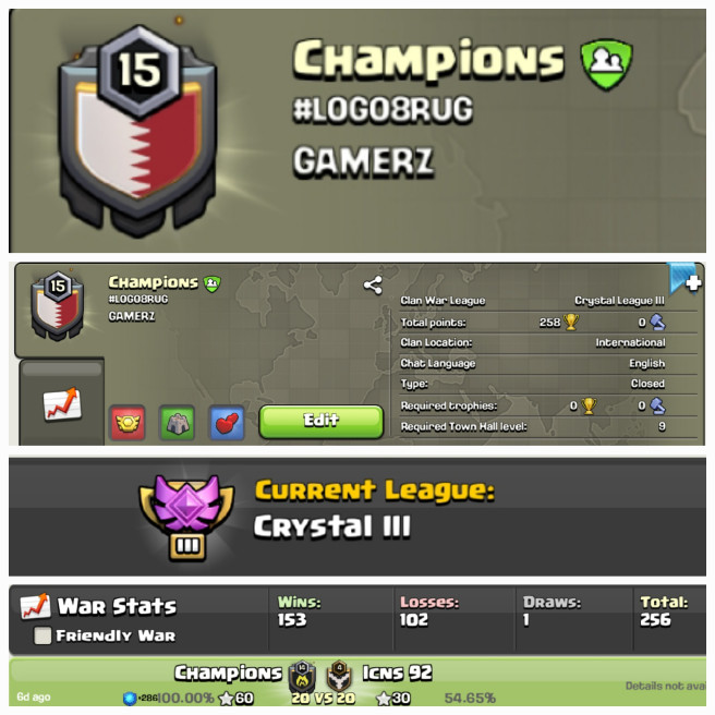 Champions !! LEVEL 15 !! WIN 153 LOSS 102 !! CRYSTAL 3 !! PERFECT NAME !! GOOD WAR LOG !! AFFORDABLE !! INSTANT DELIVERY