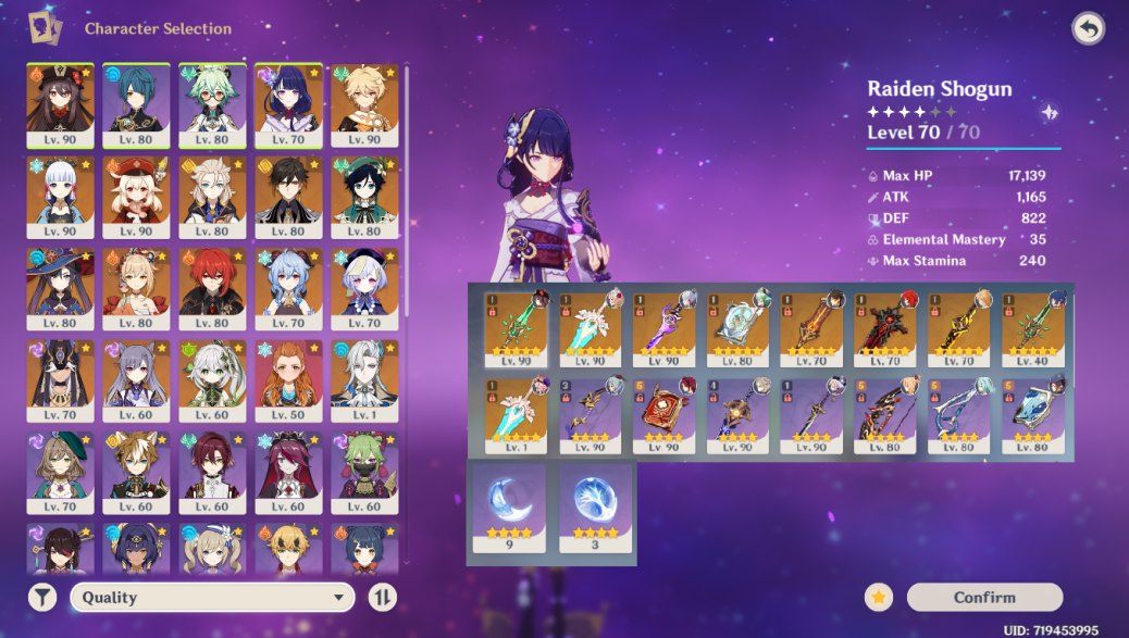 [EU] (AR 57) || Klee+ Hutao +Zhongli + Mona+ Albedo +Yoimiya+ Diluc +Qiqi + Raiden + Shogun + Cyno + Ganyu + Nahida + Keqing + Neuvillette ||
