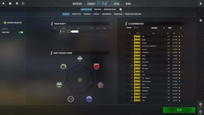 [ID:183964][PRIME][PREMIER MODE AVAILABLE][VERY RARE][1K HOURS+][COMMENDATIONS 3x1076] UN (UNRANKED || 0 MM || 1590 HOURS || MEDALS)