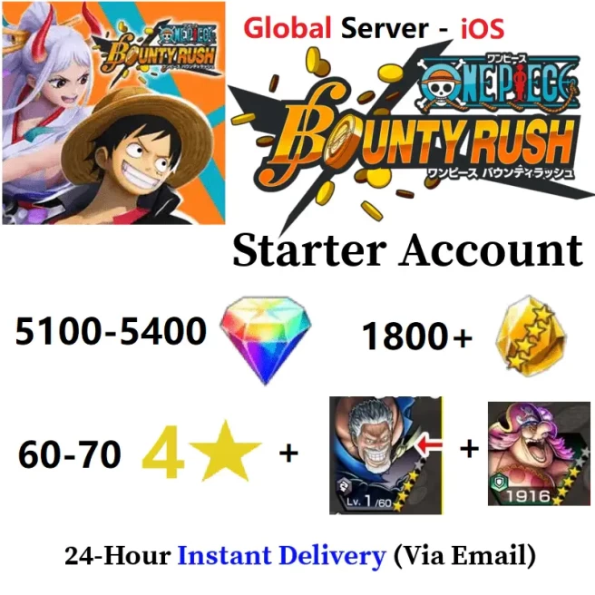 [Global - iOS] 5100-5400 Rainbow Diamonds + 2000 + Gold Fragments + EX Garp + Big Mom + 60-70 4 Star Character - Starter Accounts