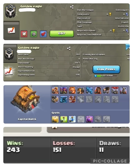NAME- Golden eagle | LVL- 15 | WARLOG W-L-D: 243-151-11 | CWL LEAGUE : GOLD 1 | CC: ALMOST 7 !!