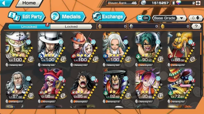 BR387-IOS+Android-Hyber Boost 34+6 Ex(Lucci+Snake+Kuzan+Yamato Ace+White Beard+Oden)+Good Medal+SUP 160%+Uta+Sanji+Lilith+Kaku+Oden+Boa+S-Hawk