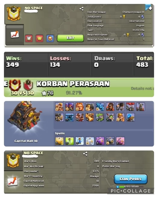 [CHAMPION LEAGUE + NEAR MAX CC10] NAME- NO SPACE | LVL- 18 | WARLOG W-L-D: 349-134-0 | CWL LEAGUE : CHAMPION 3 | CC:10!!