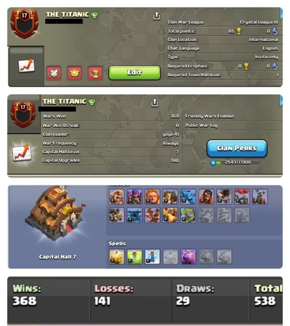NAME- THE TITANIC | LVL- 17 | WARLOG W-L-D: 368-141-29| CWL LEAGUE : CRYSTAL 3 | CC: 7!!