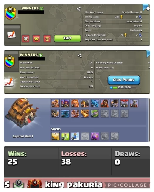 LVL - 10NAME- WINNERS | WARLOG W/L/D:25/37/0 | CWL League: CRYSTAL 3| CC: 8(ALMOST) !!
