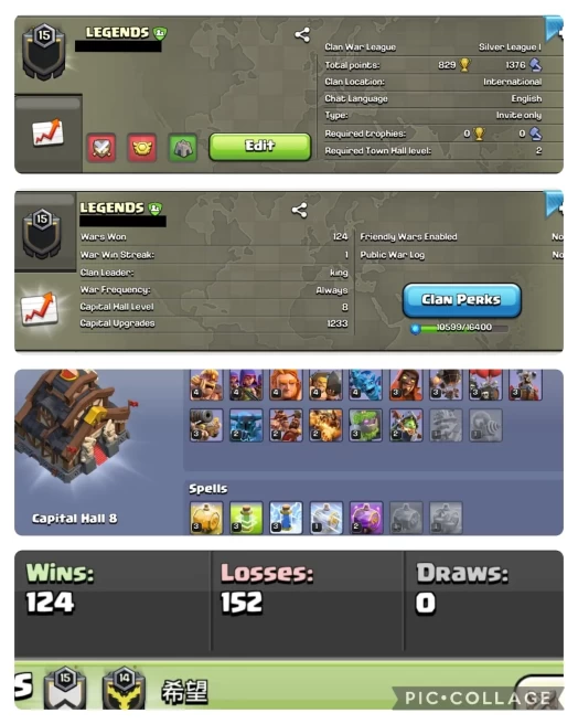 NAME- LEGENDS | LVL 15.7| WARLOG W/L/D:124/152/0 | CWL League: SILVER 1| CC: ALMOST 9 !!