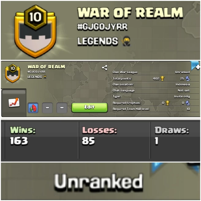 WAR OF REALM !! LEVEL 10 !! UNRANKED !! WIN 163 LOSS 85 !! HIGH WINS !! AFFORDABLE !! INSTANT DELIVERY