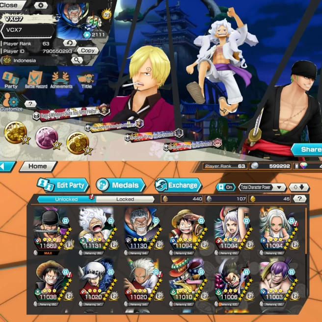 BR414-Hyber Boost 60+Zoro Full Boost 4 52/52+6 Ex Max 11K Power(Garp+Snake+Luffy Gear 5+Yamato+Luffy Blue)+Vip Medal+SUP163%+Many Bounty Fes Max