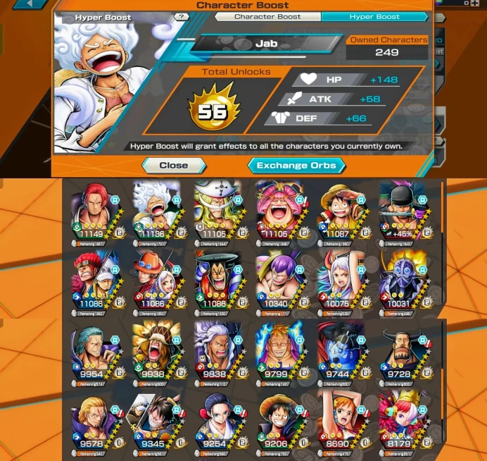BR418-Hyber Boost 56+10 Ex(Gear 5 +Yamato Ace+Kid Law+Shank+Luffy+Zoro+Yamato+Big Mom+White Beard+Oden)+Vip Medal+SUP 163%+Many Bounty Fes Max