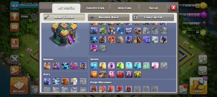 Th 14 / LeveL 184 / Gems 61 / Heroes (74 76 50 52 25) / CN 1500 / code 209