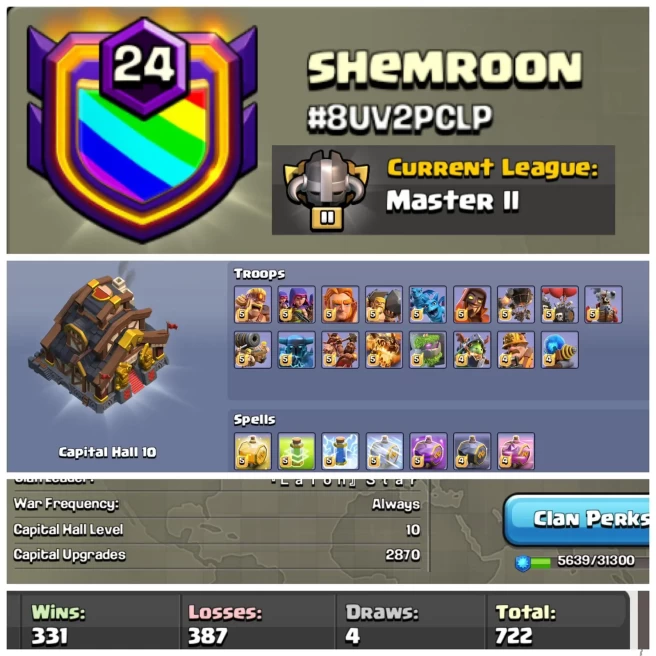 NAME-  shemroon | LVL 24| WARLOG W/L/D:331/387/4 | CWL League: MASTER 2| CC: 10