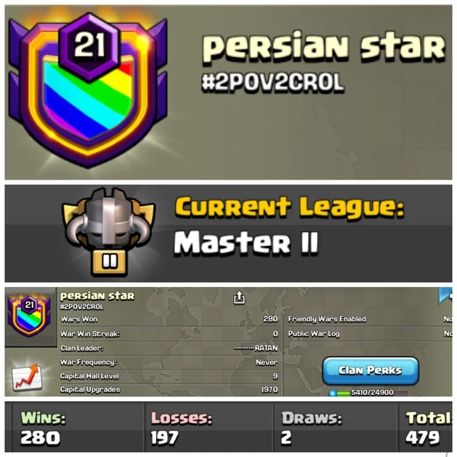 NAME-  persian star | LVL 21| WARLOG W/L/D:280/197/2 | CWL League: MASTER 2| CC: 9!!