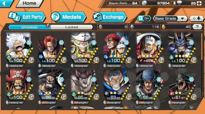 BR421-Hyber Boost 50+11 Ex(Garp+Kuzan+Akainu+Gear 5+Roger+Kaido Blue+Kid Law+Shank+WhiteBeard+Kaido v3+Black Beard)+Vip Medal+Support 160%+Jabra