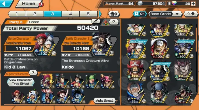 BR421-Hyber Boost 50+11 Ex(Garp+Kuzan+Akainu+Gear 5+Roger+Kaido Blue+Kid Law+Shank+WhiteBeard+Kaido v3+Black Beard)+Vip Medal+Support 160%+Jabra