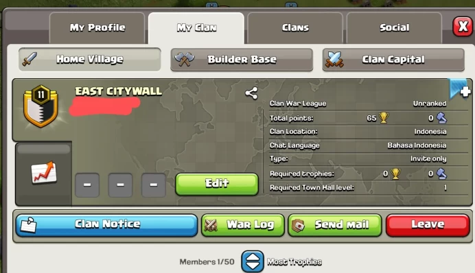 Clan Level 11.7 | Name: EAST CITYWALL | Wins 181 Losses 176 | League: unranked | Capital Hall 1