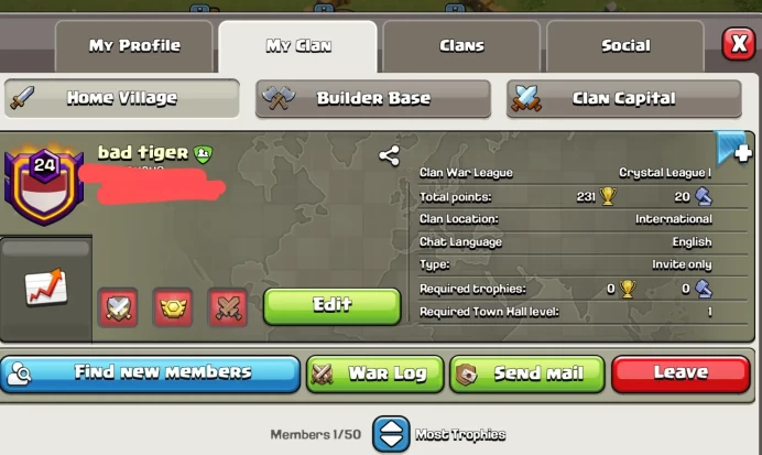 # CAPITAL HALL 10 # | Clan Level 24 | Name : bad tiger | Awesome Name | W 470 ,L 222 | Nice war log | Crystal 1
