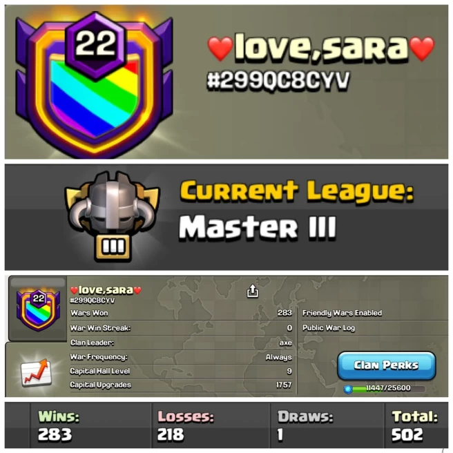 love,sara | LVL 22| WARLOG W/L/D:283/218/1 | CWL League: MASTER 3| CC: 9!