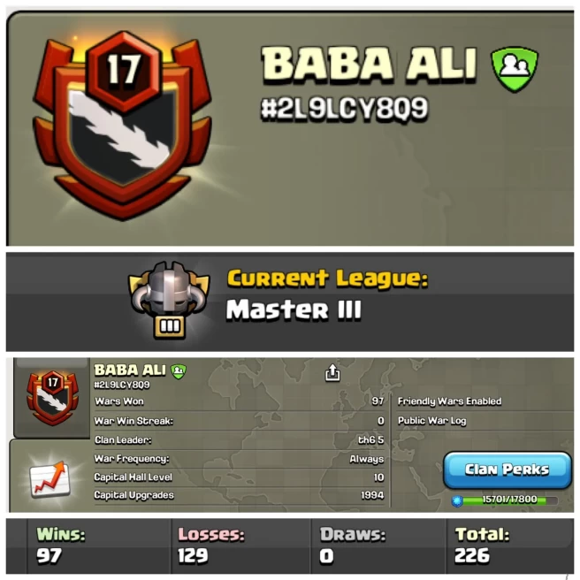 NAME-  BABA ALI | LVL 17| WARLOG W/L/D:97/129/0 | CWL League: MASTER 3| CC: 10!!