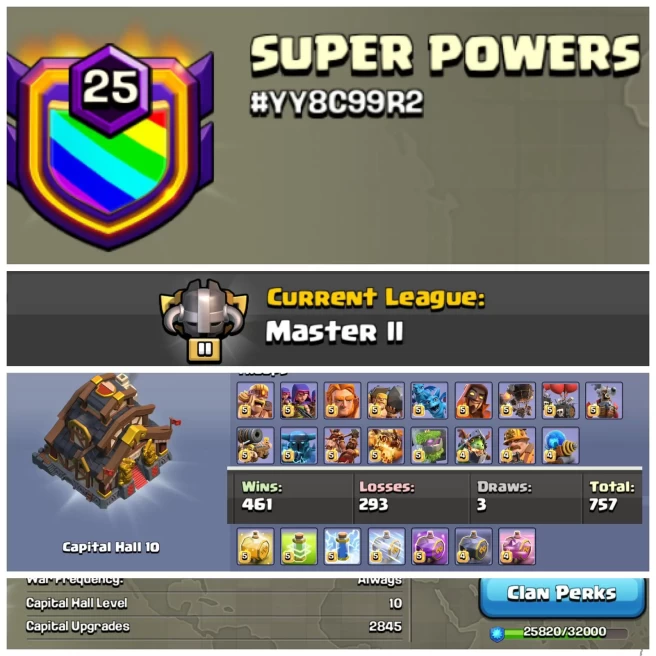 SUPER POWERS | LVL 25| WARLOG W/L/D:461/293/3 | CWL League: MASTER 2| CC: 10!!