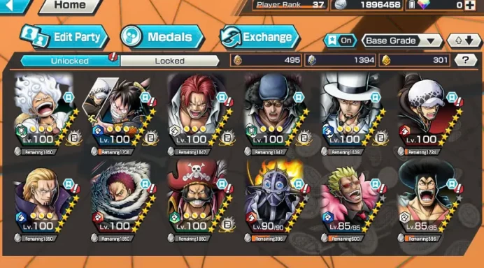 BR437-All Meta 5 Ex Max(Kuzan+Shank v4+Lucci+Gear 5+Roger)+Good Medal+Support 149%+Young Ray Max+Katakuri Max+Oden v2+3 Boa+Robin+Donflamingo