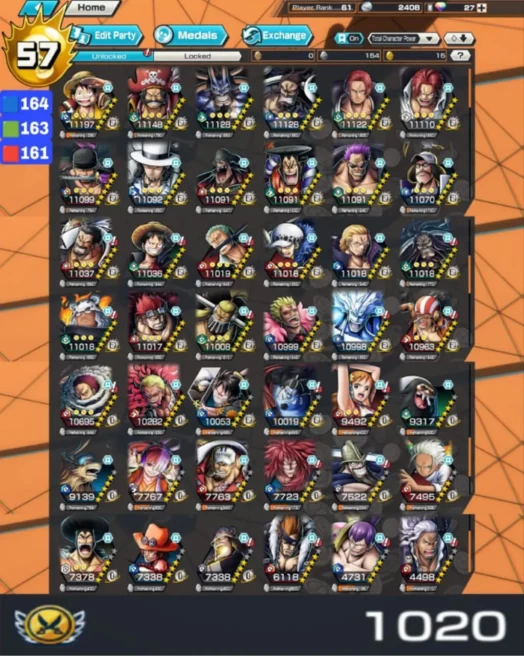 A1-IOS+Android-Hyber Boost 57+12 Ex(Lucci+Shank v4+Akainu+Roger+Shank Red+Kaido+Luffy+Kaido v3+Oden+Zphyr)+Vip Medal+Support164%+Bounty Festival