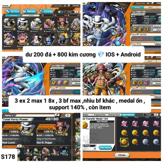B4-IOS+Android-800 Diamond Rd+3 Ex(Lucci Max+Roger Max+Big Mom)+200 Fragment+Kaku Max+Donflamingo Max+Robin+Craker+King