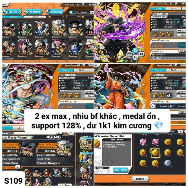 B13-Android-1.100 Diamond RD+3 Ex(Zoro Max+White Beard Max+Roger v2)+Good Medal+Support 128%+Oden v2+Shiryu