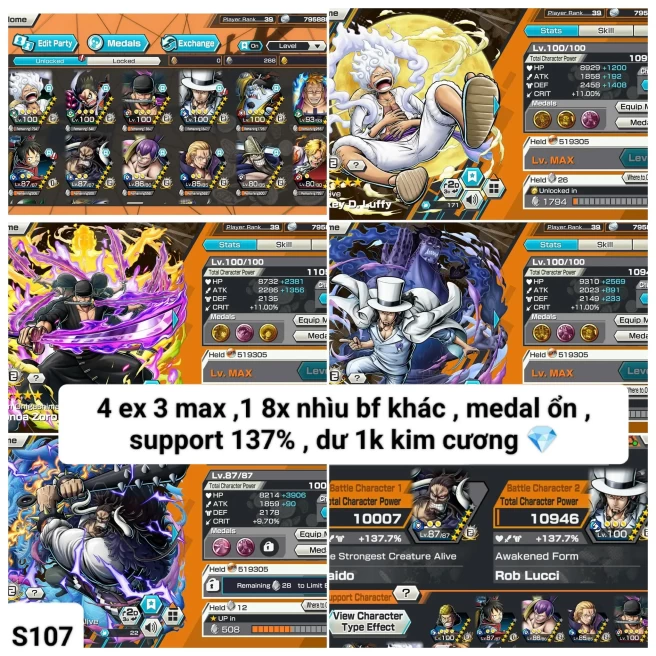 B14-Android-1.000 Diamond RD+4/3 Ex Meta Max(Lucci+Luffy Gear 5+Zoro+Kaido v2)+Good Medal+Support 137%+Dorry+Cracker+Young Ray