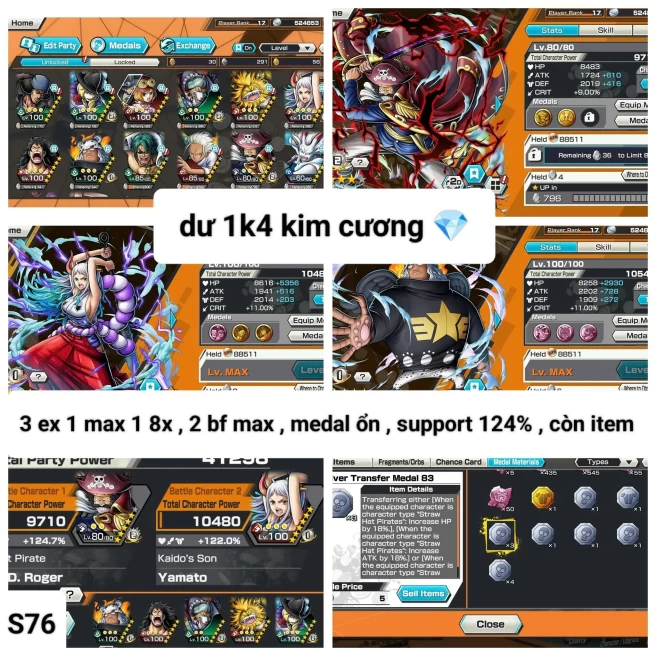 B15-Android-1.400 Diamond RD+3 Ex(Yamato Red Max+Roger v2+Yamato v3)+Good Medal+Support 124%+S-Bear Max+S-Hawk