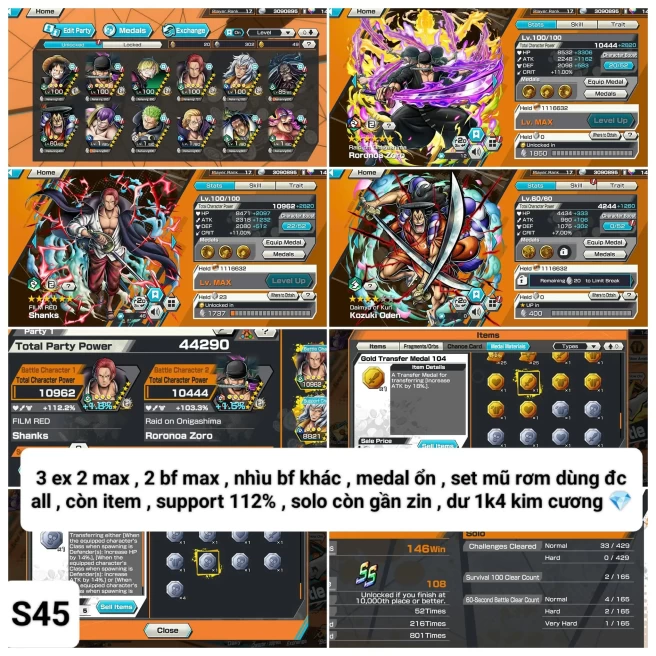 B18-Android-1.400 Diamond RD+3 Ex(Zoro Max+Shank Red Max+Oden)+Good Medal+Full Straw Hat Pirates+Sanji Max+Solo Fresh