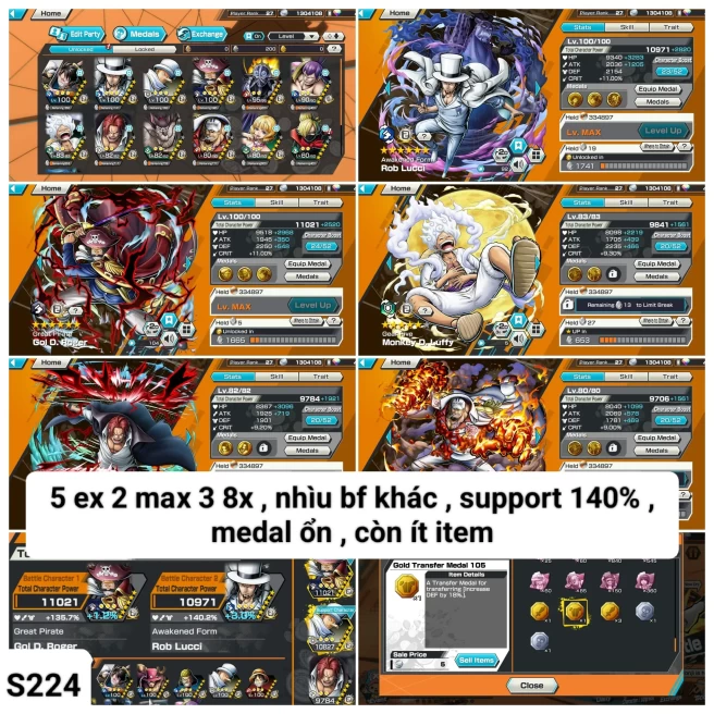 B21-IOS+Android-5 Ex Meta(Lucci Max+Roger v2 Max+Shank v4+Akainu+Luffy Gear 5)+Good Medal+Support 140%+Kaku Max+Jabra+King+Craker