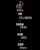 Tiktok 5.000 Followers +500.000 Views + 50.000 likes+ 20.000 Share / Fast Delivery / Tiktok