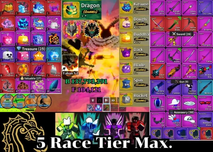 Blox Fruit Lv:2600 Max. Draco V4 Tier Max. 2 Dragon,Kitsune,Dough,Buddha,Dark,Blade,Spin,Rocket=Permanent 5 Race Tier Max. Shark Anchor