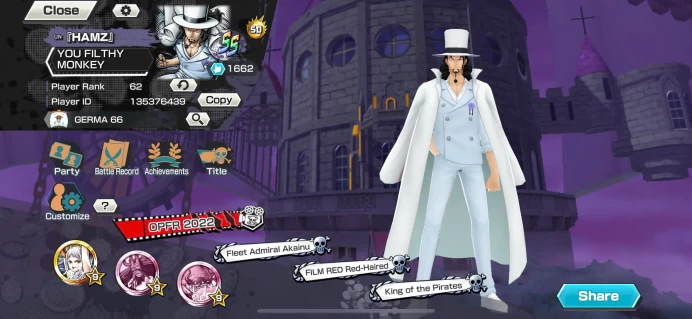 BR455-Hyber Boost 50+7 Ex(Lucci+Gear 5+Akainu+Roger+Shank v3+Yamato Red+Luffy)+Vip Medal+Support 162%+Young Ray Max+Uta+Jabra+Yonji+Ben Beckman