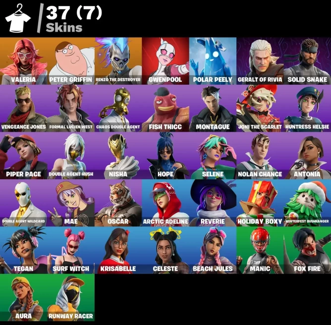 ALL PLATFORMS | 37 skins (7 paid) | Valeria | Peter Griffin | Renzo the Destroyer | Gwenpool | Polar Peely | Geralt of Rivia | 100 VB