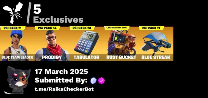 [PC/PSN/XBOX] 2 skins | Blue Team Leader | Prodigy | Tabulator | Rust Bucket | Ice-Blasted Snow Crunchem | Clawz Retro | Blue Streak