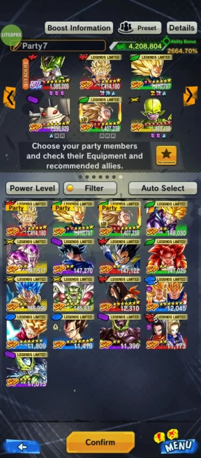 UL Cell 8S+LF ss3 Vegeta 8S+Goku daima 9S+super 17 7S+ss3 Goku 9S+Trunk) Sp Majin Kuu FULL+Tamagami 8S+Have Equipment-ANDROID-IOS-BANDAI (609)