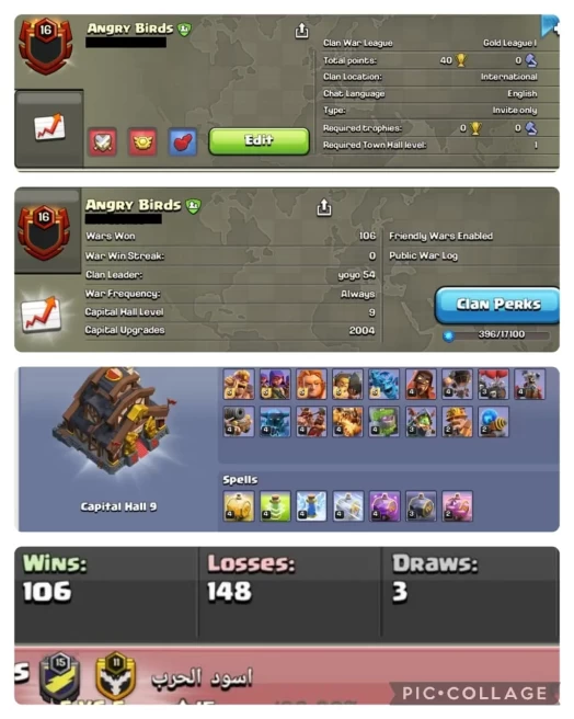 NAME- Angry Birds | LVL- 16 |WARLOG W-L-D: 106-148-3 | CWL LEAGUE : Gold 1 | CC: Almost 10!