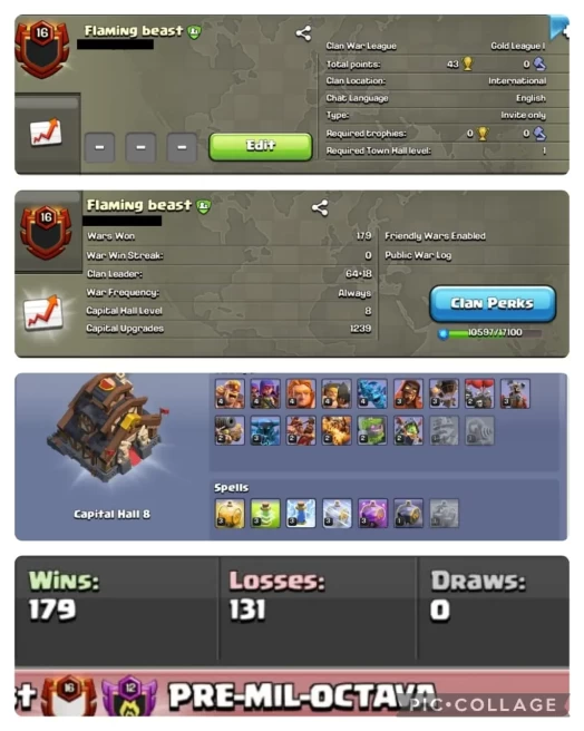 NAME- Flaming beast  | LVL- 16.5 | WARLOG W-L-D: 179-131-0 | CWL LEAGUE : GOLD 1 | CC: Near