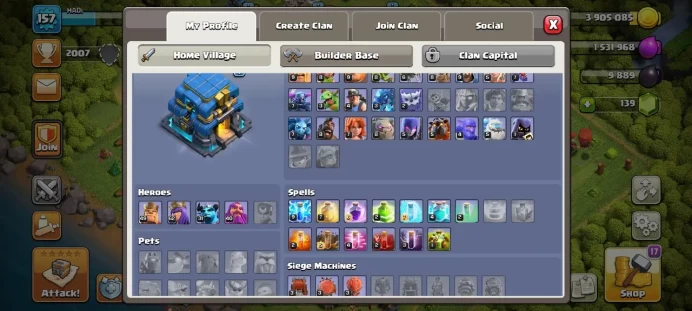 Th 12 / LeveL 157 / Gems 139 / Heroes (49 62 31 40) / CN 1500 / code 323