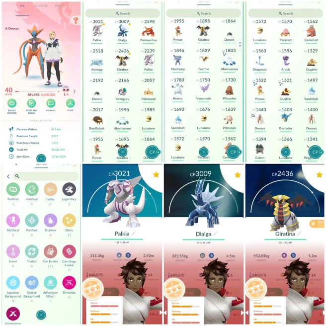 p90~40 LVL~3k: Dialga, Palkia~640k Stardust~5 Legendary~11 Shiny~Legendary Giratina~Mythical Deoxys~Red Team~Best Starter