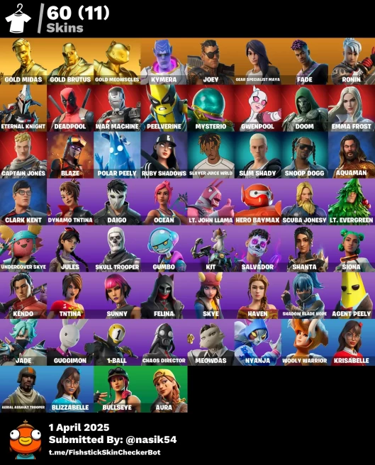 [PC] 60 skins | Aerial Assault Trooper | Gold Midas | Gold Brutus | Gold Meowscles | Kymera | Joey | Gear Specialist Maya | Fade | Ronin 