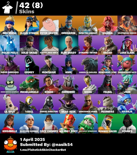 [PC/XBOX] 42 skins | Neo Versa | Cloud Striker | Peter Griffin | Omegarok | Spectra Knight | Valeria | Heartbreak Ranger|Polar Peely|Solid Snake