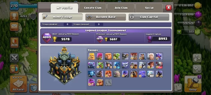 Th 17 / LeveL 270 / Gems 323 / Heroes (95 100 75 75 45) / CN 1000 / code 374