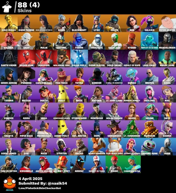 [PC] 88 skins | Gold Midas | Kado Thorne | Gear Specialist Maya | Ronin | Blackheart | Lynx | Zenith | Rox | Galaxia | Peter Griffin | Valeria |