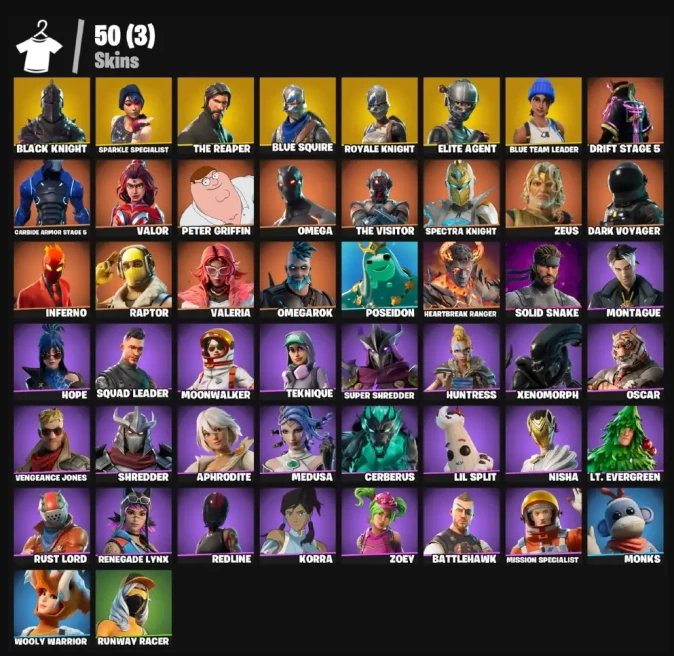  PC/PS5/XBOX 50 Skins + Black Knight + The Reaper  Take The L + Floss + Sparkle Specialist    Elite Agent + Omega Royale Knight