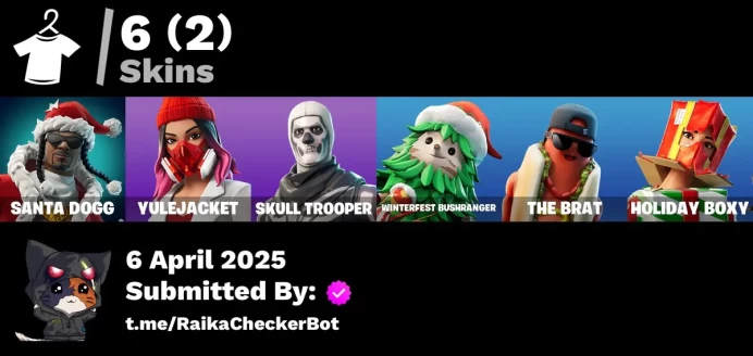 [PC] 6 skins | Santa Dogg | Yulejacket | Skull Trooper | Winterfest Bushranger | The Brat | Holiday Boxy | Gwenpool's Katanas